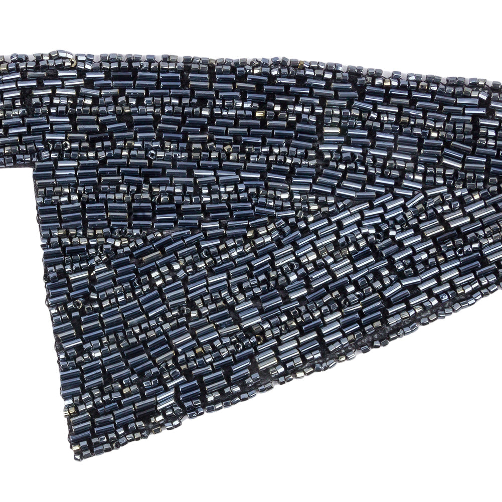 Vintage Gunmetal Geometric Glass Beaded Left Lapel Applique - 13" x 3.625"