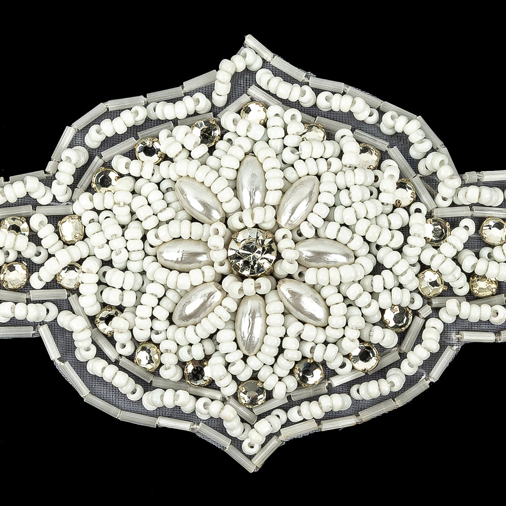Vintage White Beaded and Rhinestone Floral Diamond Shaped Applique - 5.75" x 2.875"