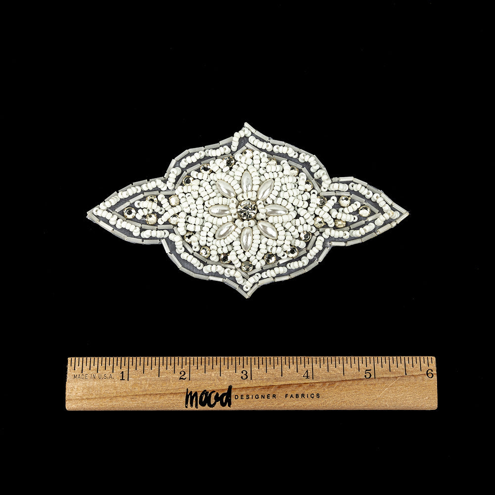 Vintage White Beaded and Rhinestone Floral Diamond Shaped Applique - 5.75" x 2.875"