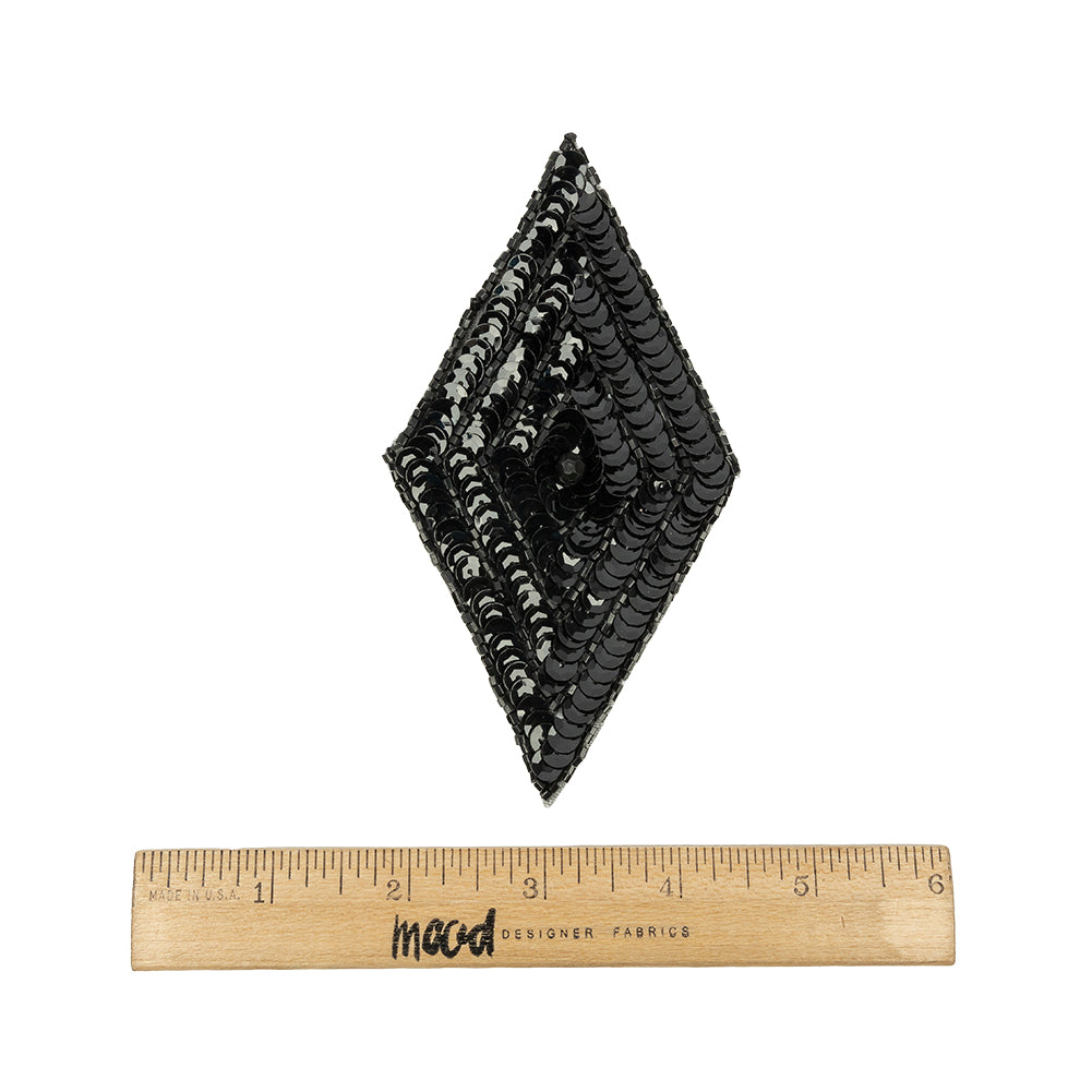 Vintage Black Sequins and Beaded Diamond Applique - 5" x 2.75"