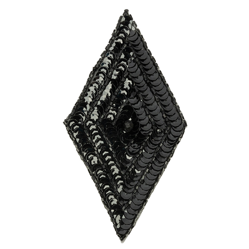 Vintage Black Sequins and Beaded Diamond Applique - 5" x 2.75"