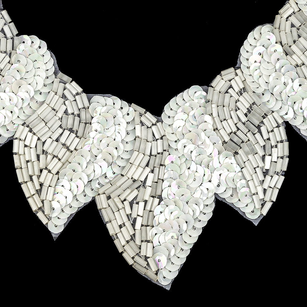 Vintage Fancy White Sequins and Bugle Beaded Neckline Applique - 7.625" x 7.75"
