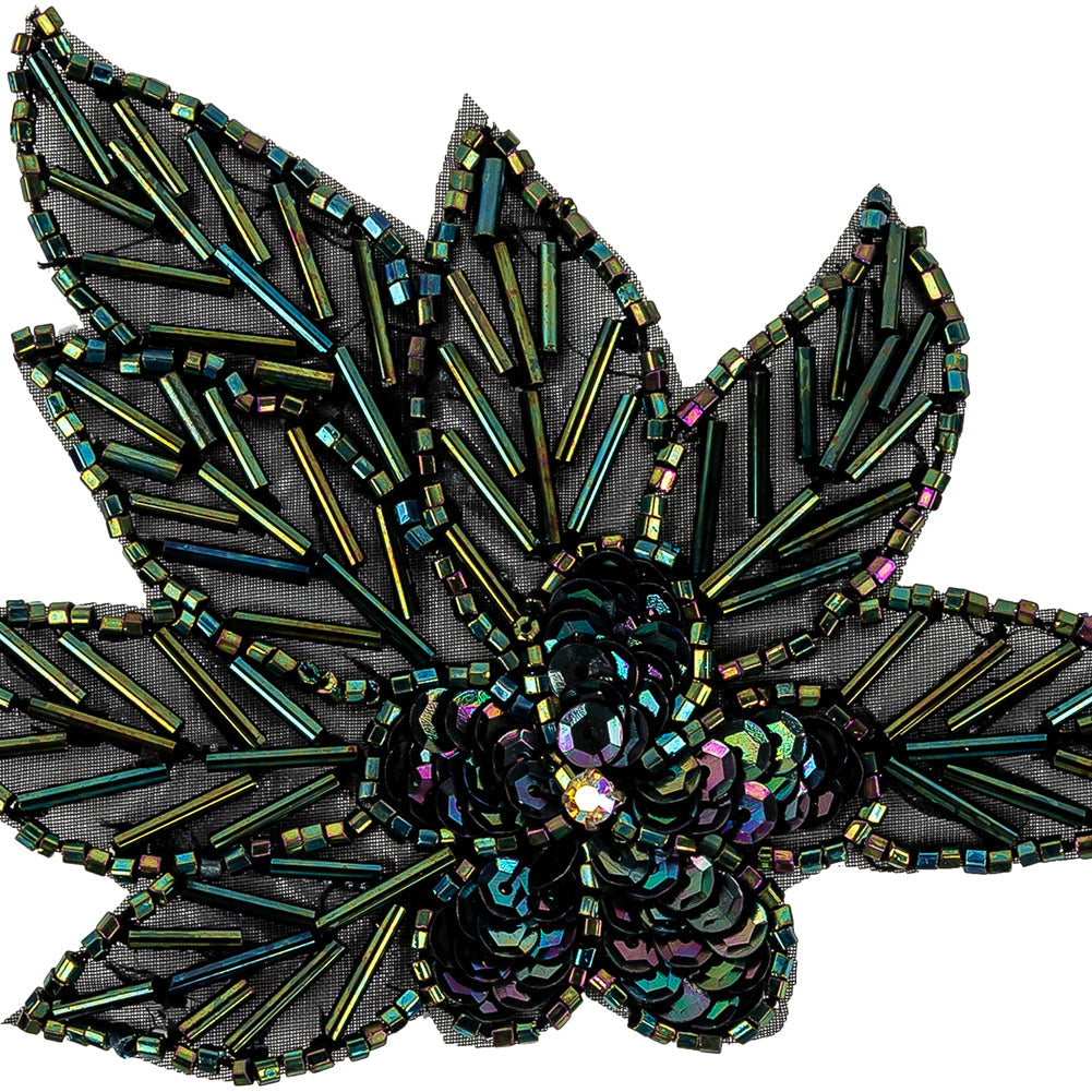 Vintage Green Iris Sequins and Multi-lined Bugle Beaded Floral Applique with Rhinestone Center - 4" x 4.375"