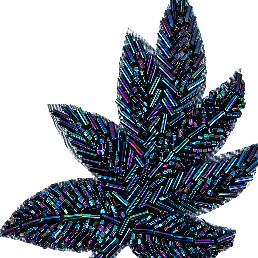 Vintage Blue Iris Beaded Leaf Applique - 4" x 3.25"