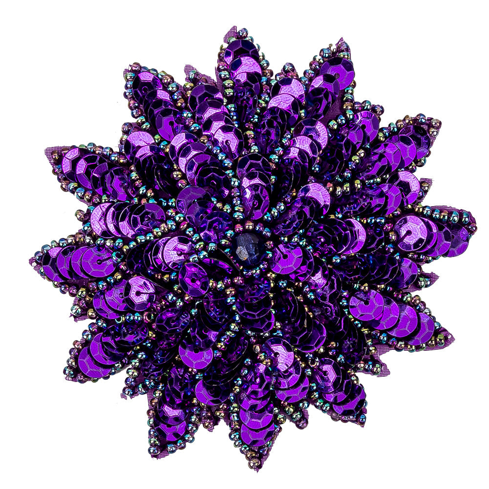 Vintage Purple Sequins and Oil Slick Iridescent Beaded Flower Applique - 3" x 3"