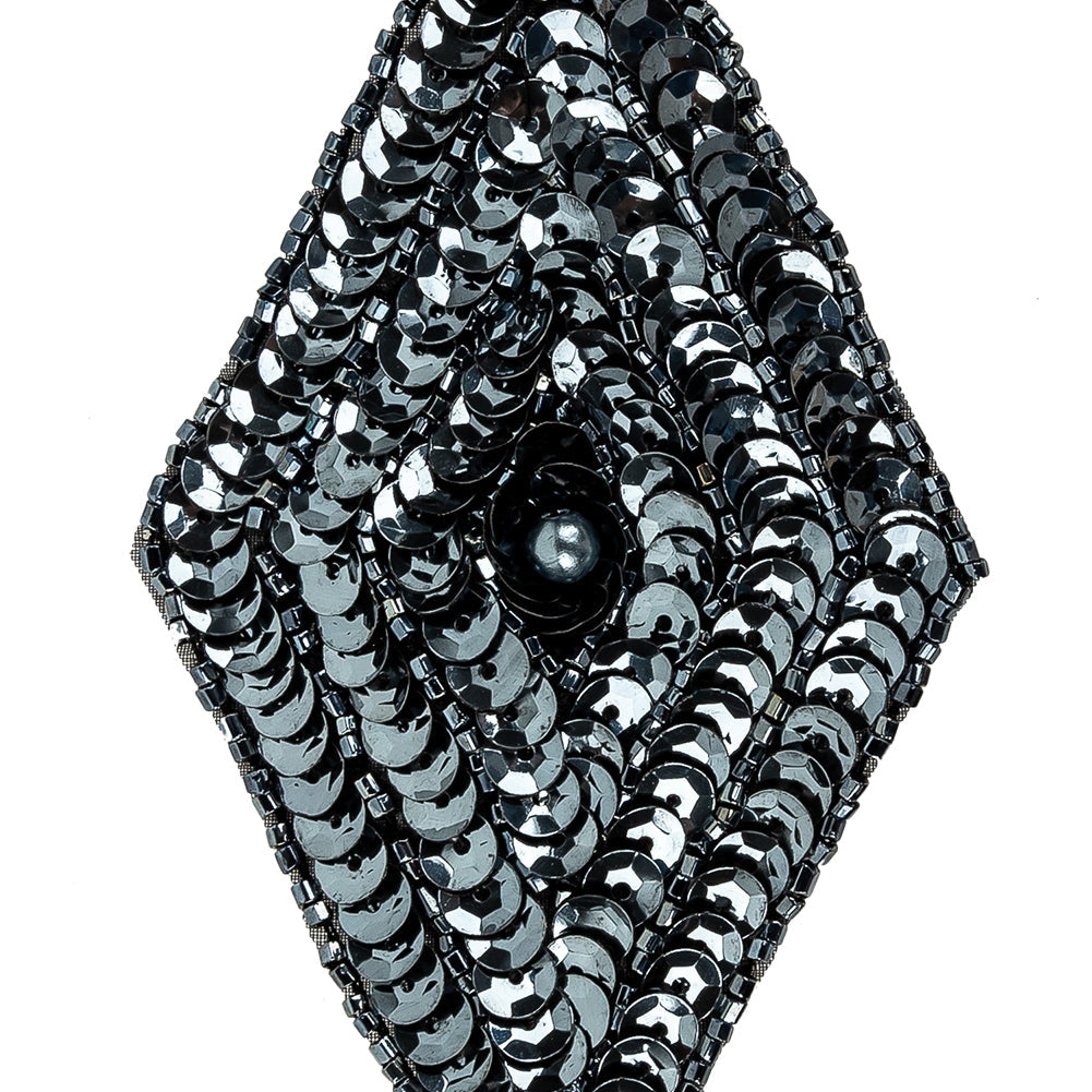 Vintage Gunmetal Sequins and Beaded Diamond Applique - 5" x 2.75"