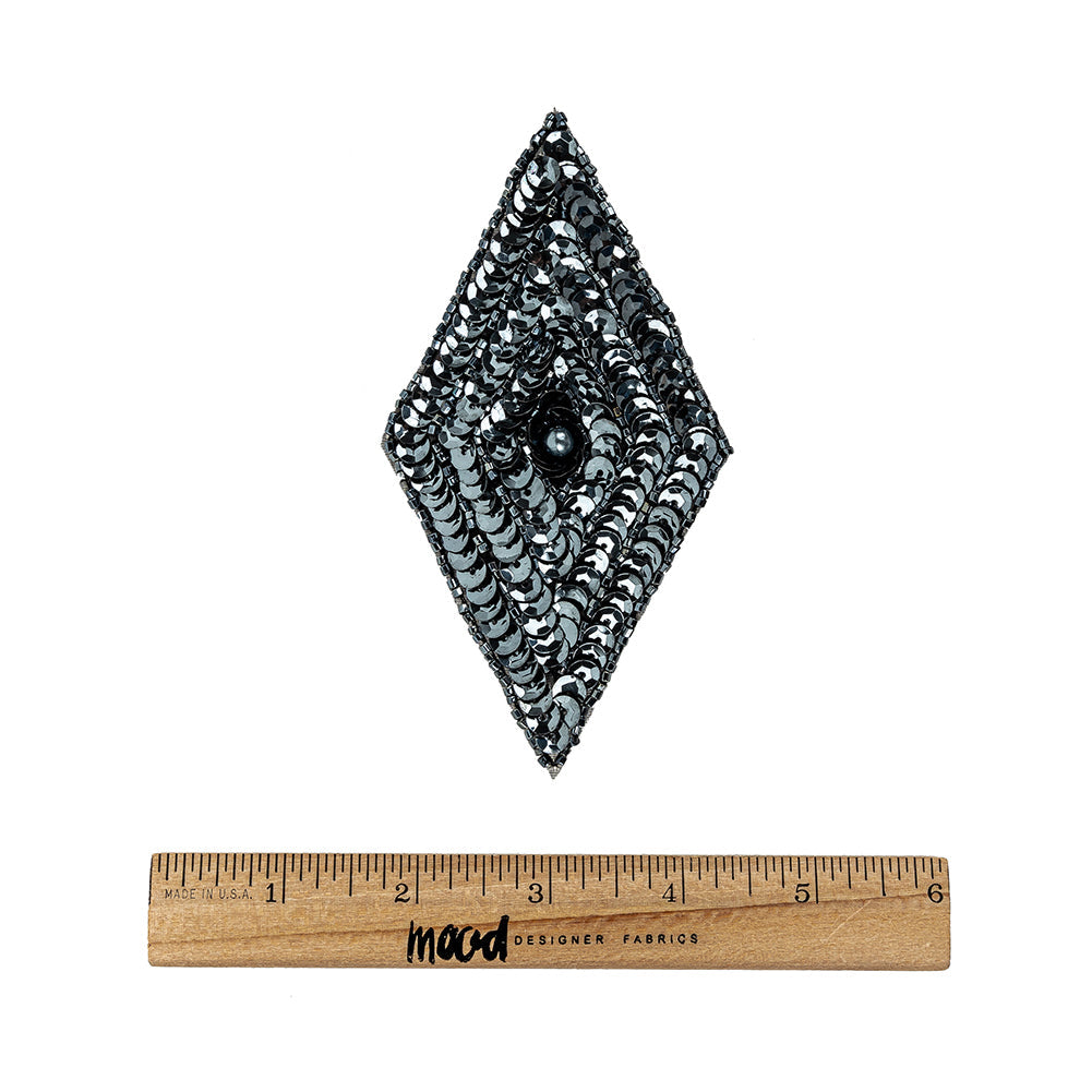 Vintage Gunmetal Sequins and Beaded Diamond Applique - 5" x 2.75"