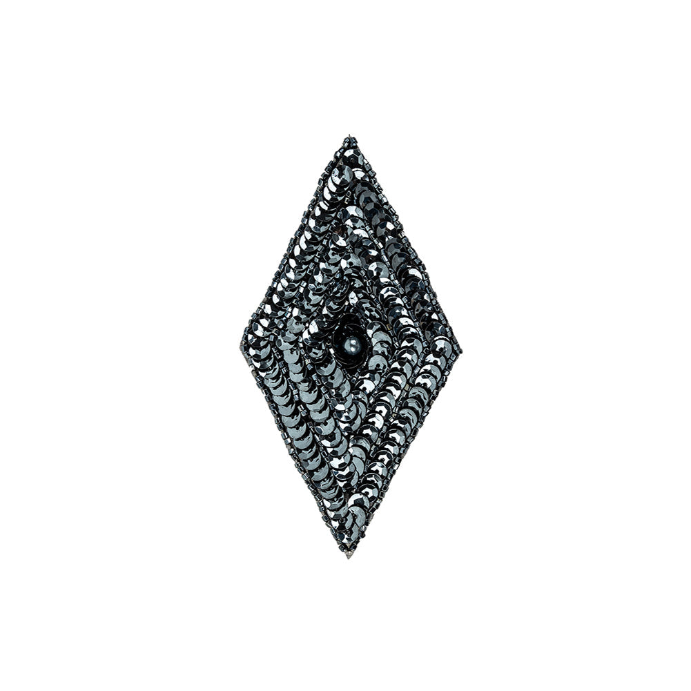Vintage Gunmetal Sequins and Beaded Diamond Applique - 5" x 2.75"