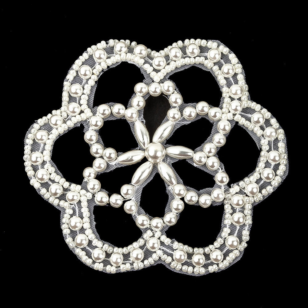 Vintage Iridescent White and Pearl Beaded Floral Applique - 3"
