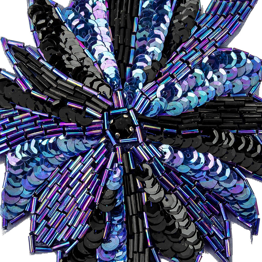 Vintage Iridescent Blue and Black Sequins and Beaded Floral Applique with Jet Rhinestone Core - 6.5" x 5.5"