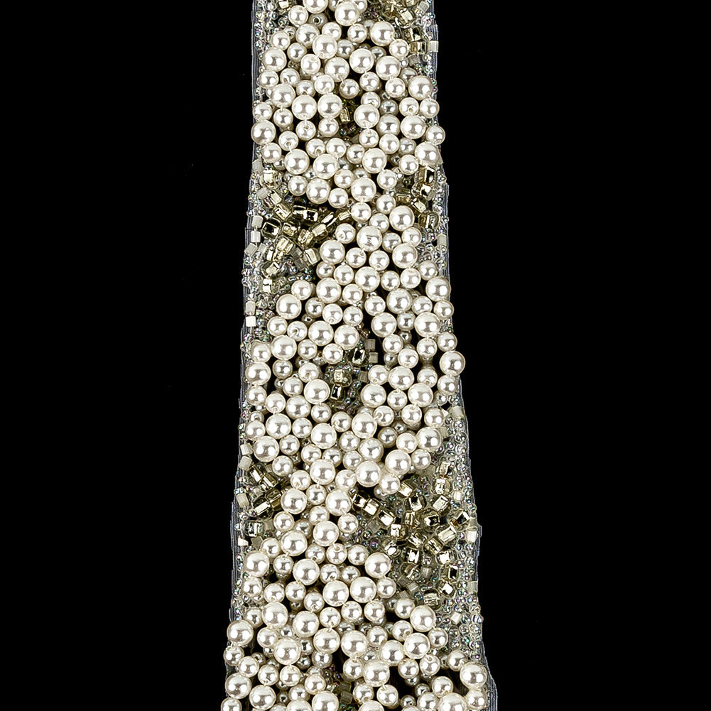 Vintage Fancy Pearl, Silver-lined and White Iris Beaded Tie Applique - 10.375" x 2"