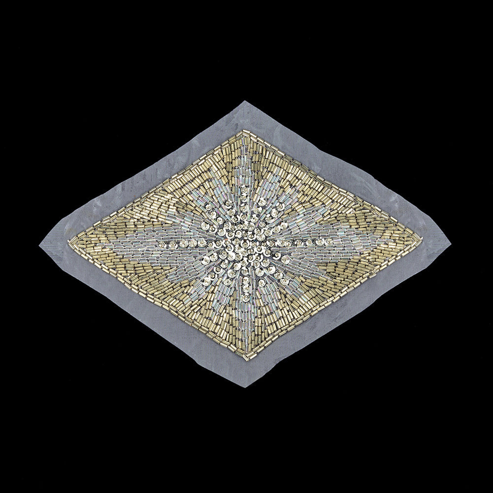 Vintage Silver Sequins, Crystal Iris and Silver-lined Beaded Diamond Applique - 8.25" x 5.5"
