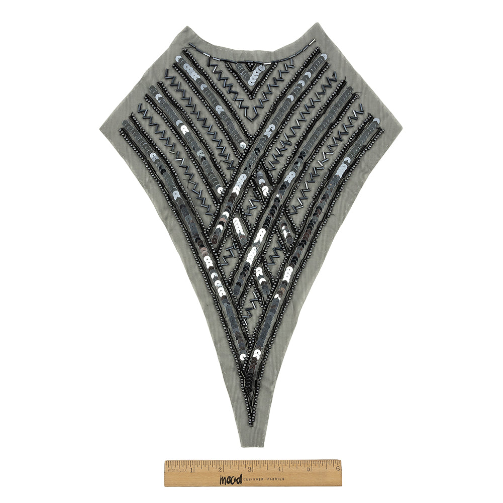 Vintage Black and Gunmetal Sequins and Zig-Zag Bugle Beaded Sheer Panel Applique - 13.5" x 9.375"