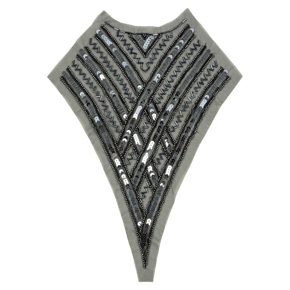 Vintage Black and Gunmetal Sequins and Zig-Zag Bugle Beaded Sheer Panel Applique - 13.5" x 9.375"