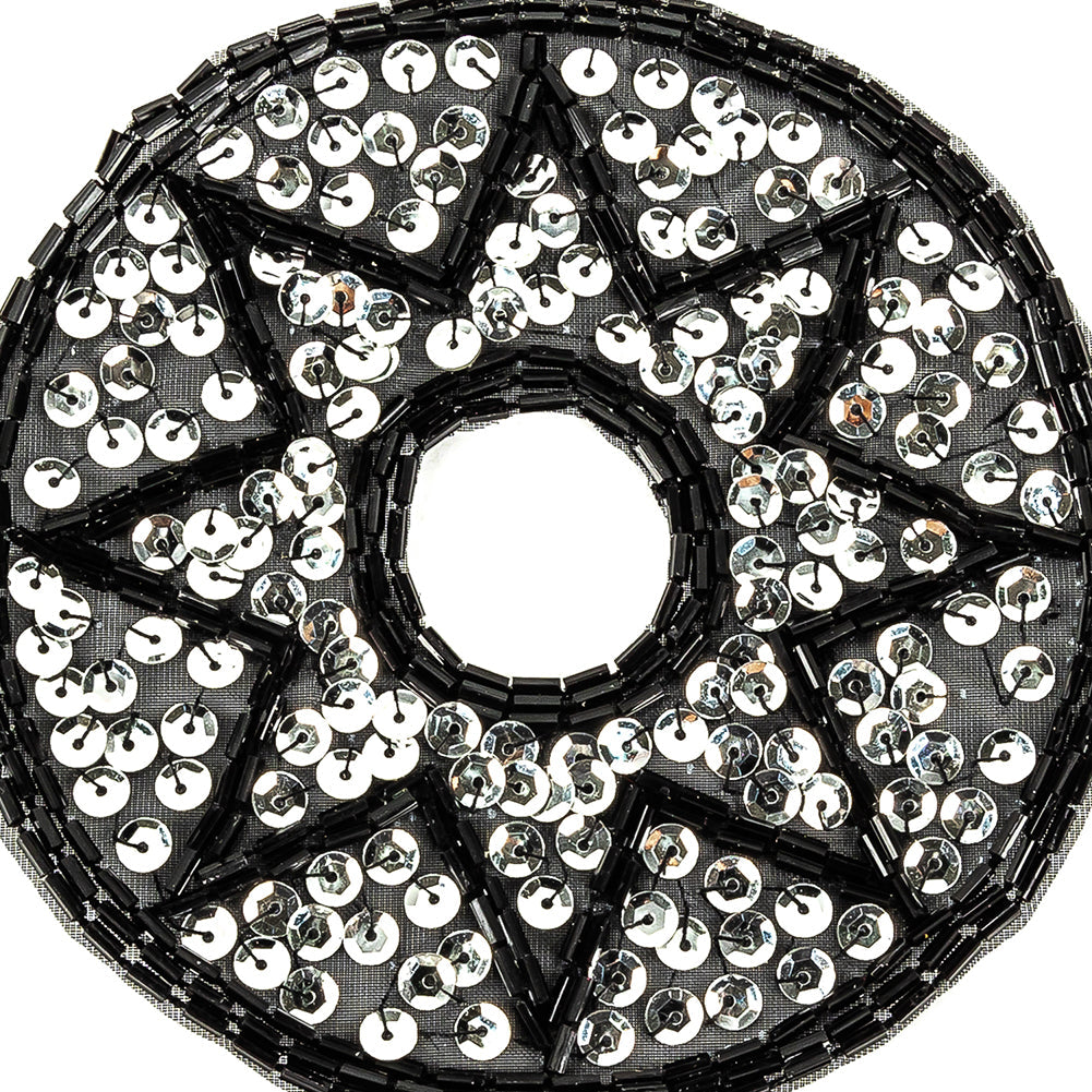 Vintage Black Bugle Beads and Silver Sequins Circular Star Applique - 4.375" x 4.375"