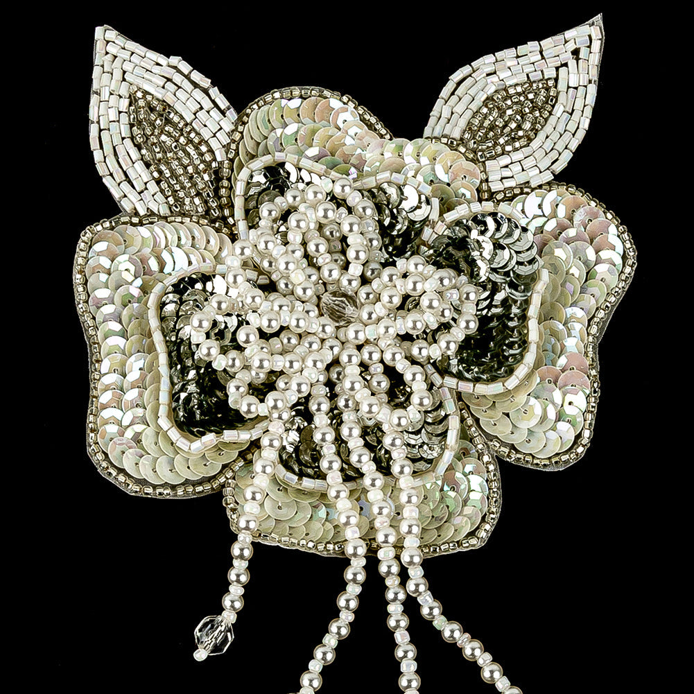 Vintage White Iris and Pearl, Silver Sequins and Beaded 3D Floral Applique with Crystal Bead Center - 6.625" x 4.25"