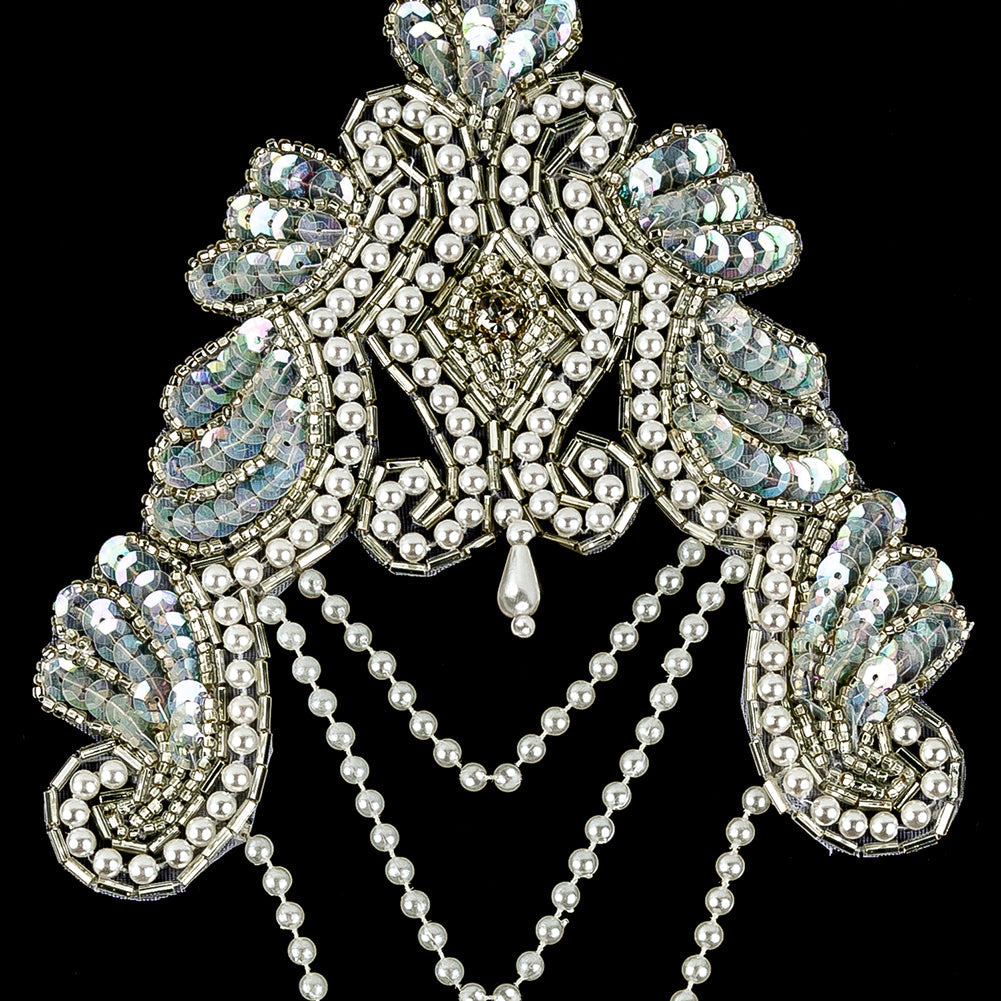 Vintage Pearl and White Iris Beaded and Sequins Applique with Crystal Rhinestone Center - 8.25" x 4.875"