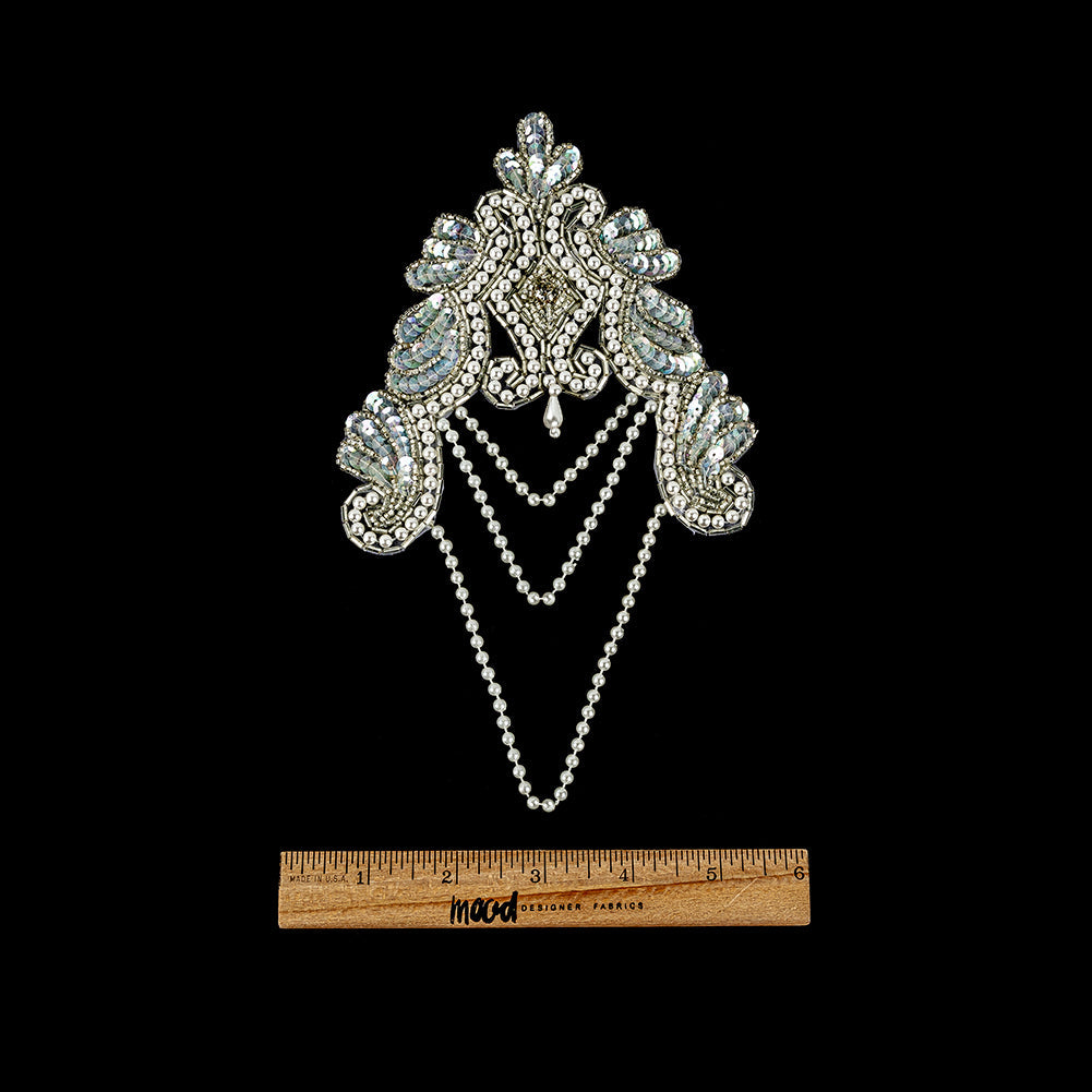 Vintage Pearl and White Iris Beaded and Sequins Applique with Crystal Rhinestone Center - 8.25" x 4.875"