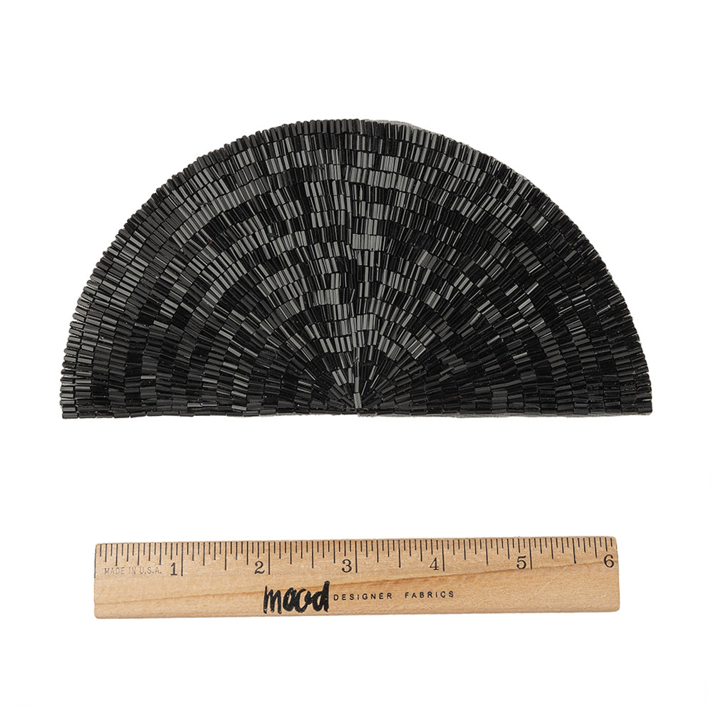 Vintage Black Bugle Beaded Domed Fan Applique - 3.5" x 6.875"