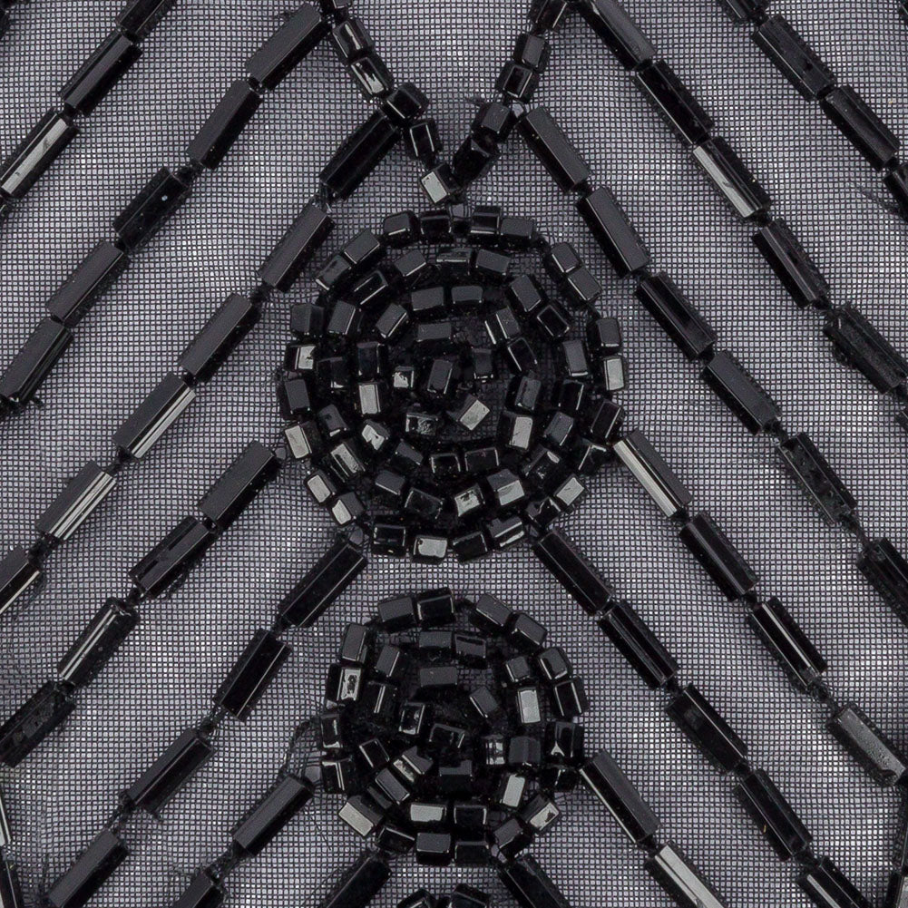 Vintage Black Bugle and Chop Beaded Abstract Applique - 7.25" x 3.25"