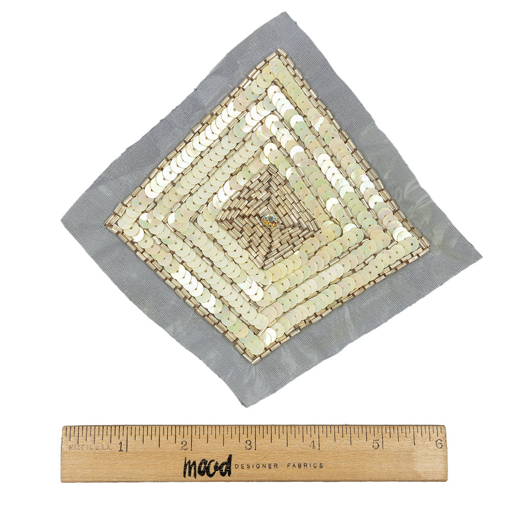 Vintage Iridescent Ivory and Gold Beaded and Sequins Diamond Applique - 5.25" x 5.25"