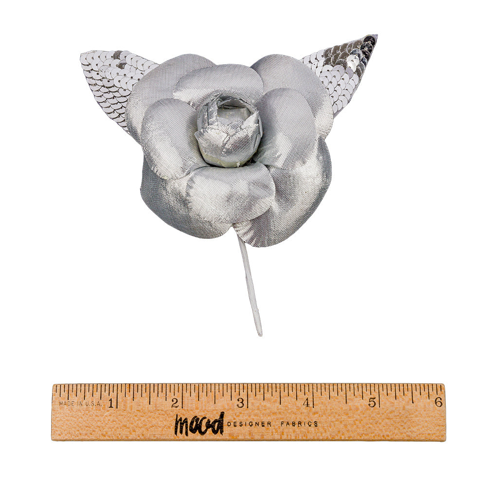 Vintage Silver Fabric Flower Pick with Silver Sequined Leaves - 5" x 4.25"