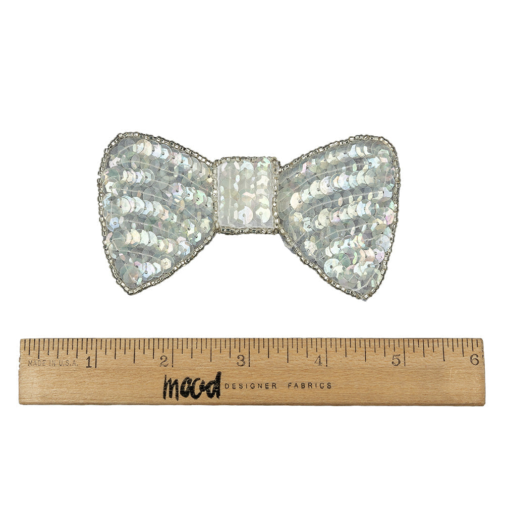 Vintage Iridescent White and Silver Lined Sequined and Beaded Bow Applique - 2.75" x 2.5"