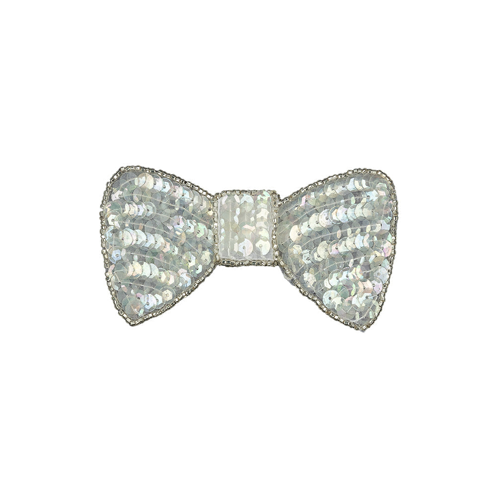 Vintage Iridescent White and Silver Lined Sequined and Beaded Bow Applique - 2.75" x 2.5"