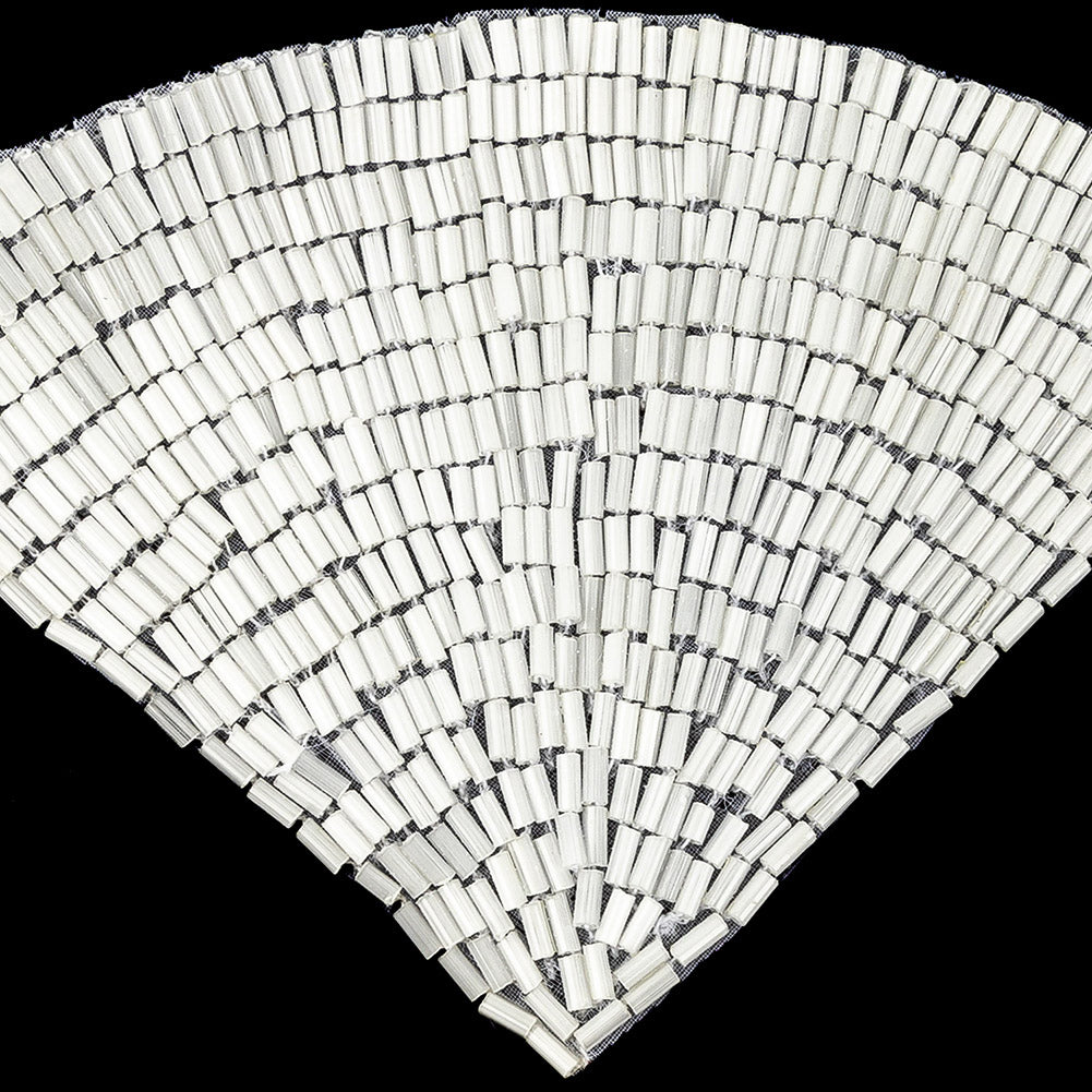Vintage White Satin Beaded Fan Applique - 3.5" x 5"
