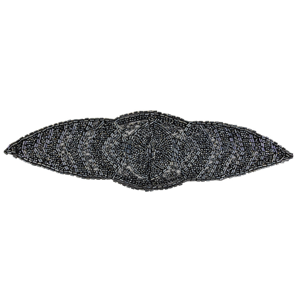 Vintage Gunmetal Bugle and Seed Beaded Abstract Mesh-Backed Applique - 13.25" x 4"