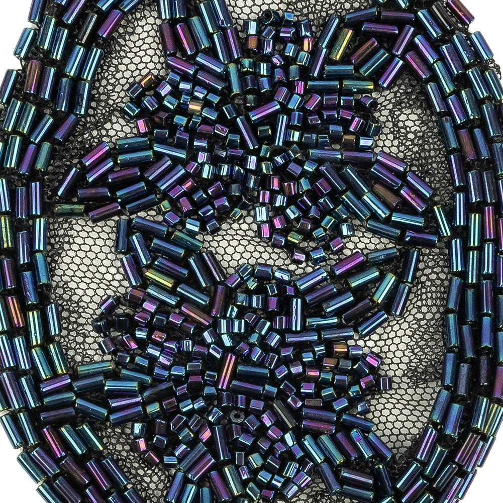 Vintage Blue Iris Floral Bugle Beaded Applique on Black Mesh - 3" x 3.875"
