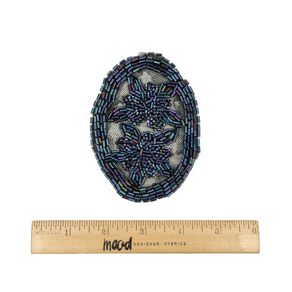 Vintage Blue Iris Floral Bugle Beaded Applique on Black Mesh - 3" x 3.875"