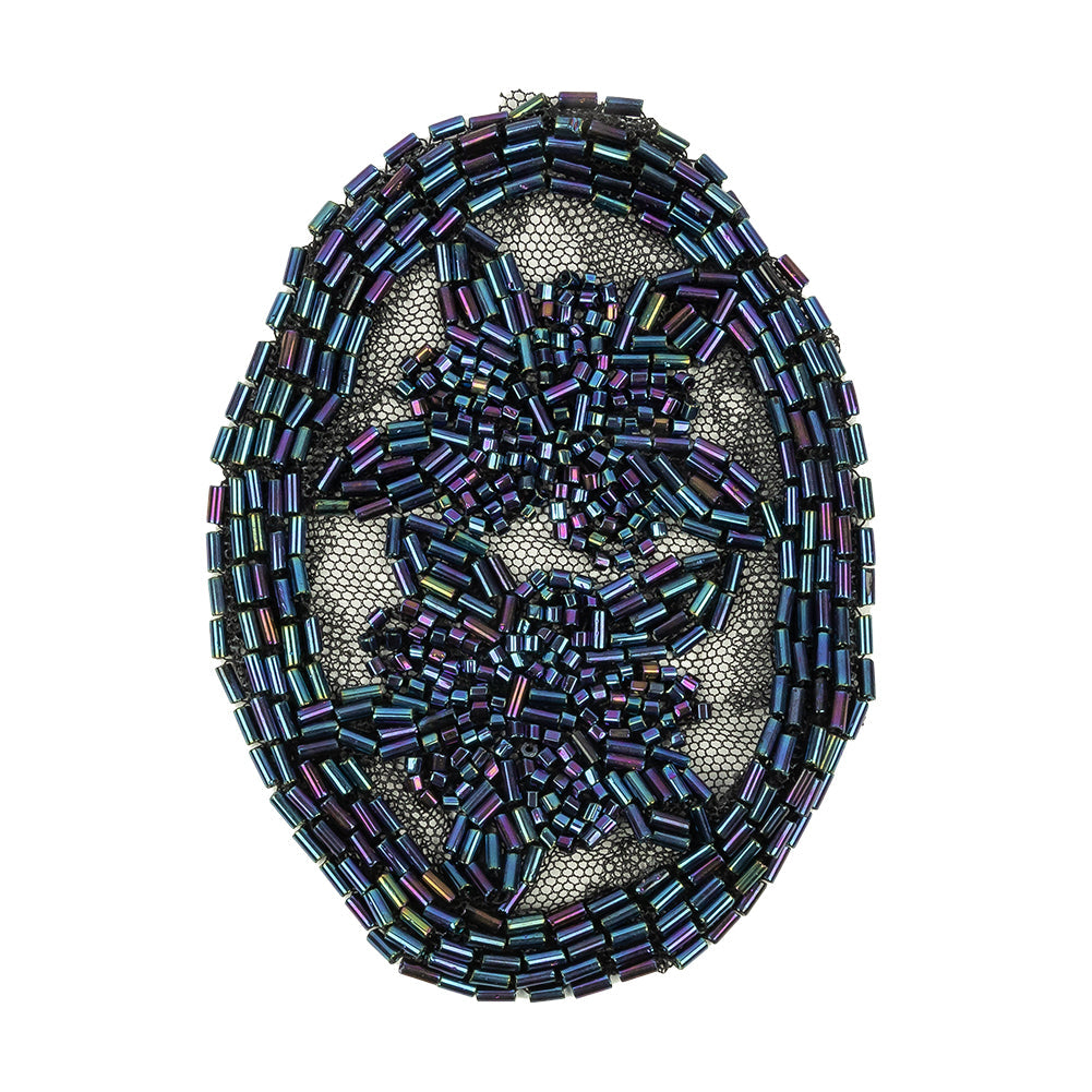 Vintage Blue Iris Floral Bugle Beaded Applique on Black Mesh - 3" x 3.875"