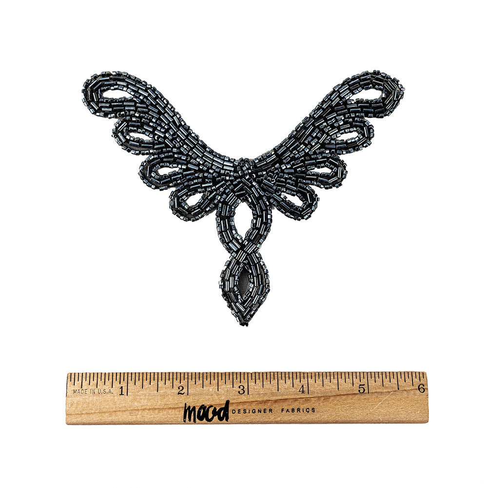 Vintage Gunmetal Bugle and Chop Beaded Abstract Applique - 4.25" x 5.5"