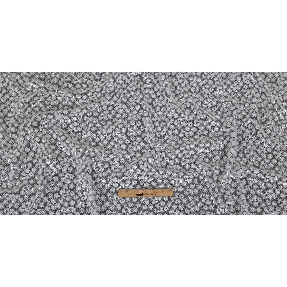 White Daisy Embroidered Netting with Clear Baby Sequins