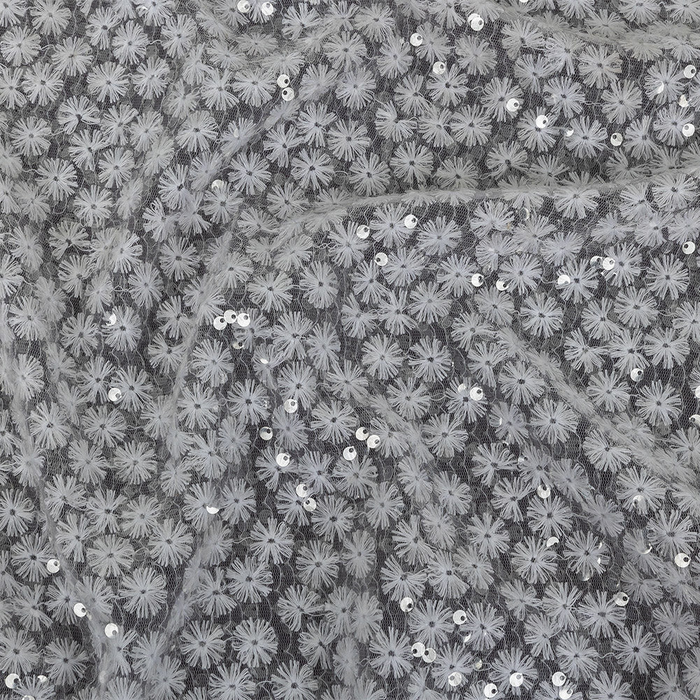 White Daisy Embroidered Netting with Clear Baby Sequins