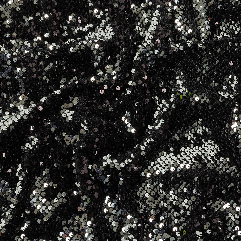 Milly Italian Black and Reflective Silver Paillette Sequins on Black Stretch Velour