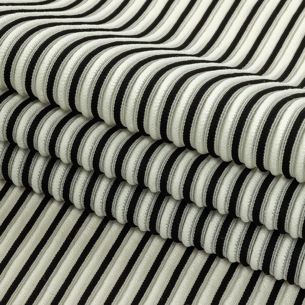 Italian Bright White and Black Raised Stripes Stretch Knit