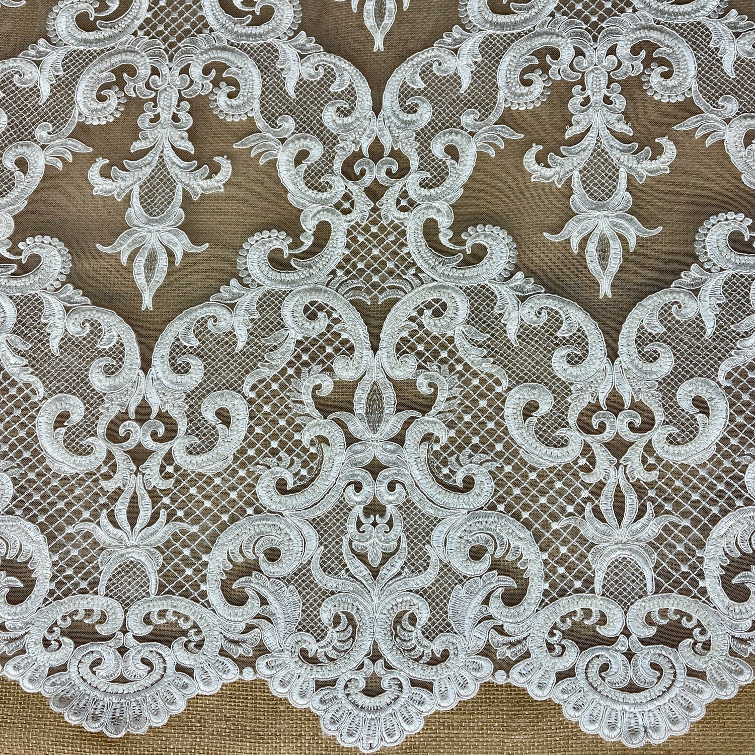 1 Yard Beaded & Corded Bridal Lace Fabric Embroidered on Polyester Net Mesh 53" Wide