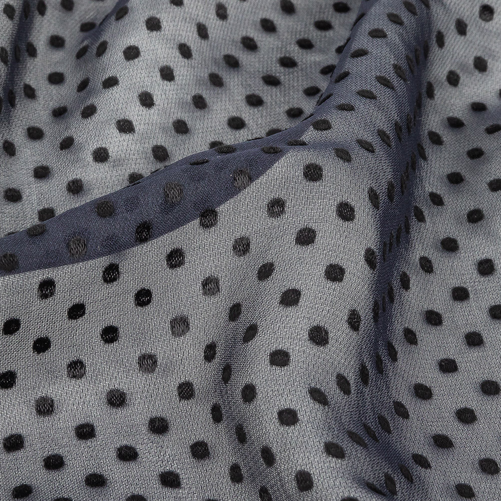 Famous Australian Designer Black Iris Chiffon Silk with Luminous Burnout Polka Dots