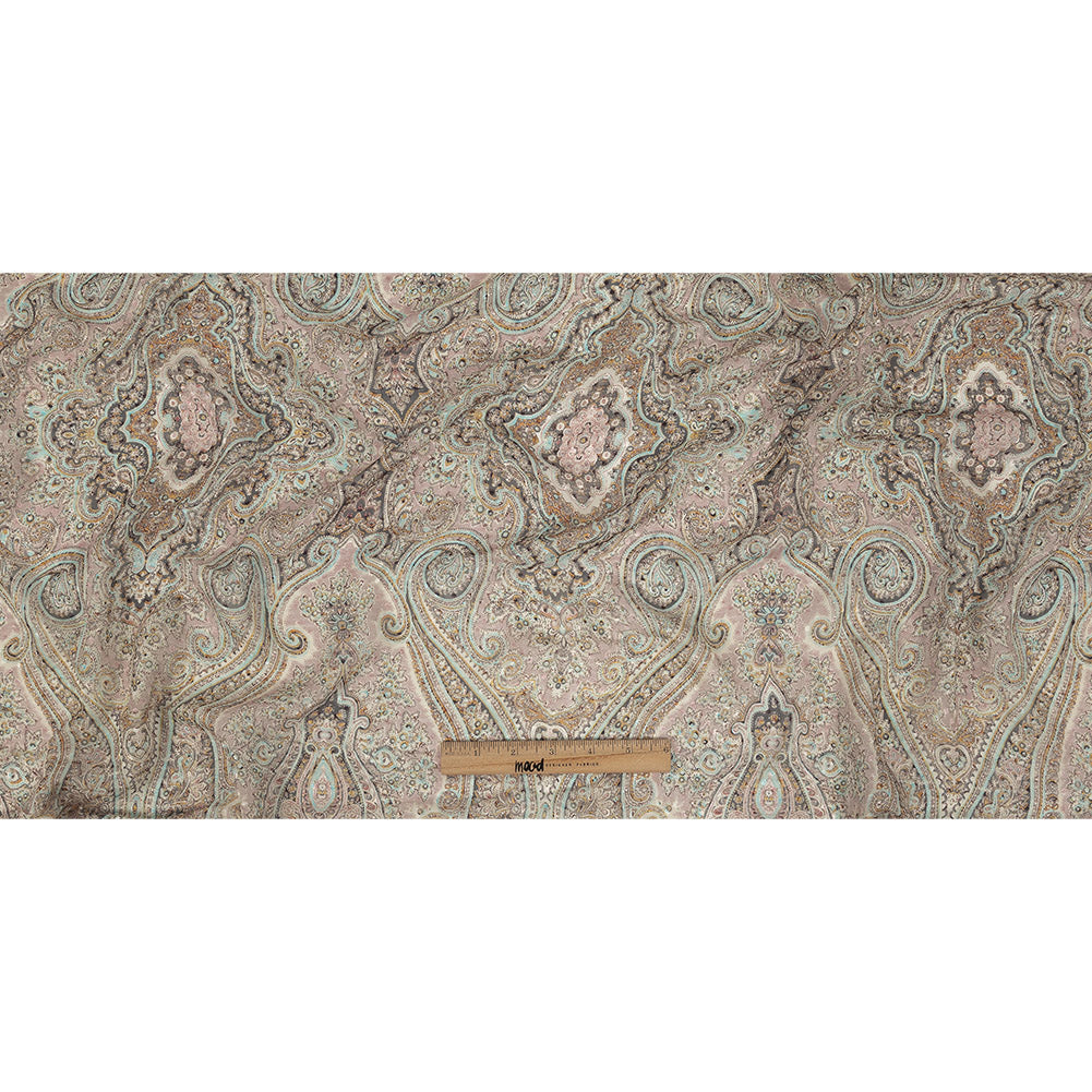 Famous Australian Designer Lotus, Gamboge and Baby Blue Paisley Printed Silk Georgette with Satin Polka Dots