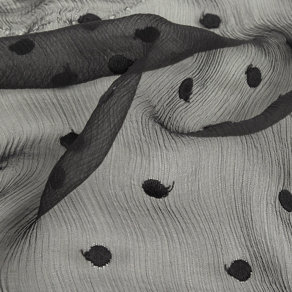 Famous Australian Designer Black Embroidered Dots Crinkled Silk Chiffon