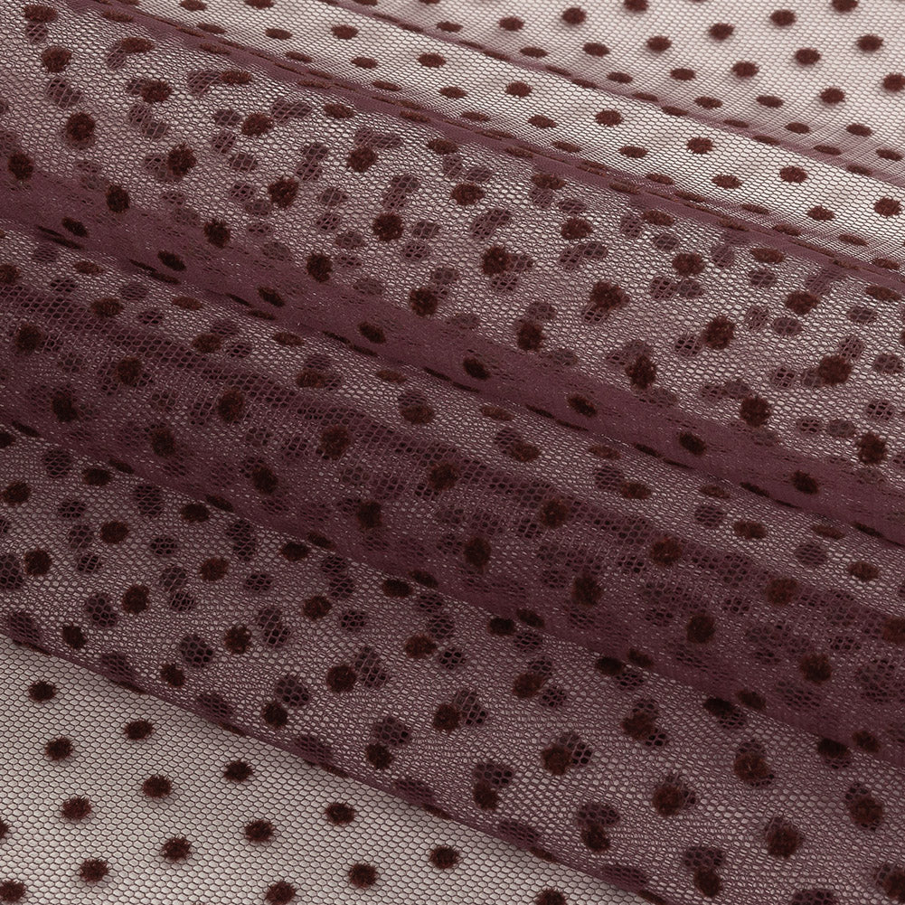 Famous Australian Designer Mahogany Flocked Dots Polyester Mesh
