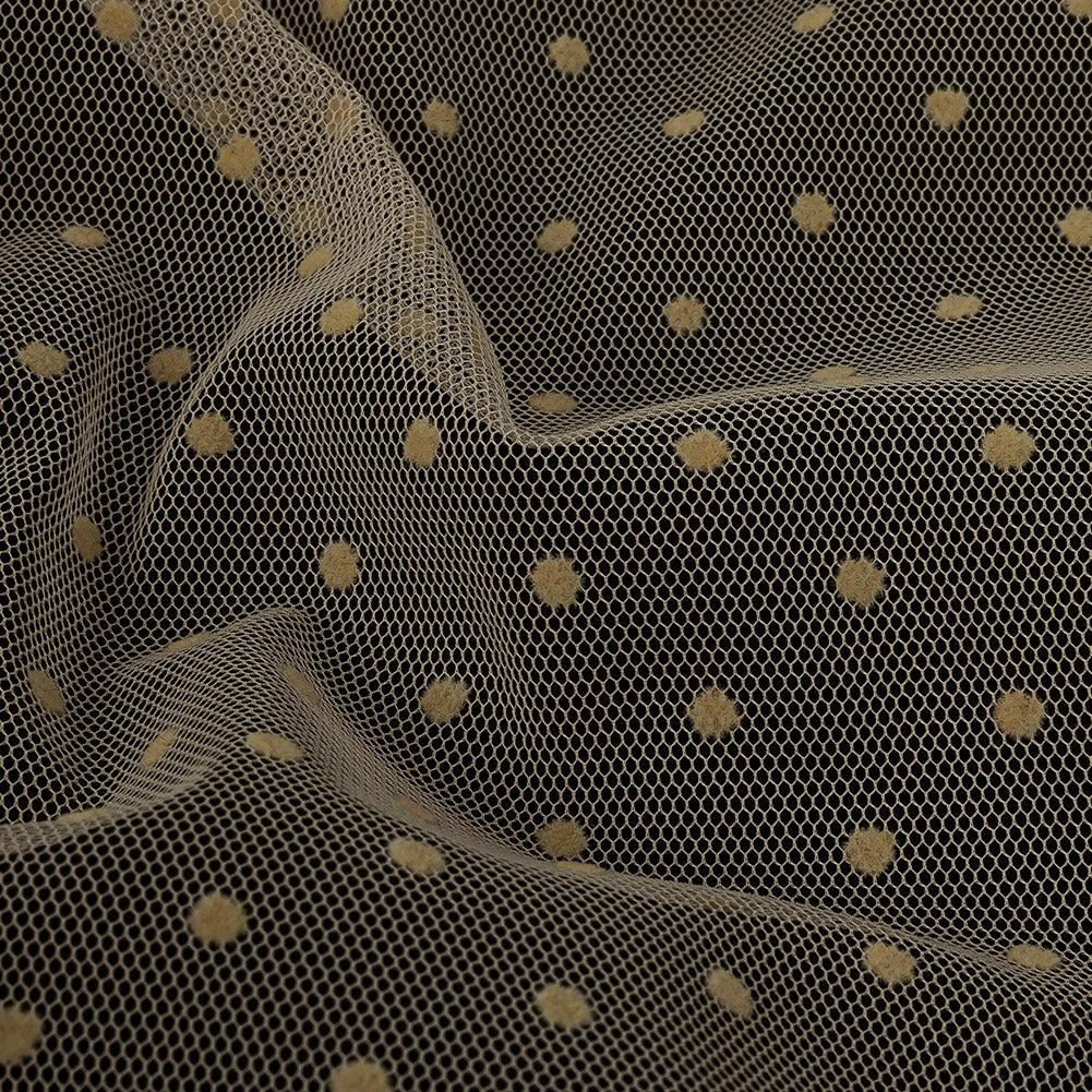 Famous Australian Designer Tea Polyester Mesh with Flocked Polka Dots