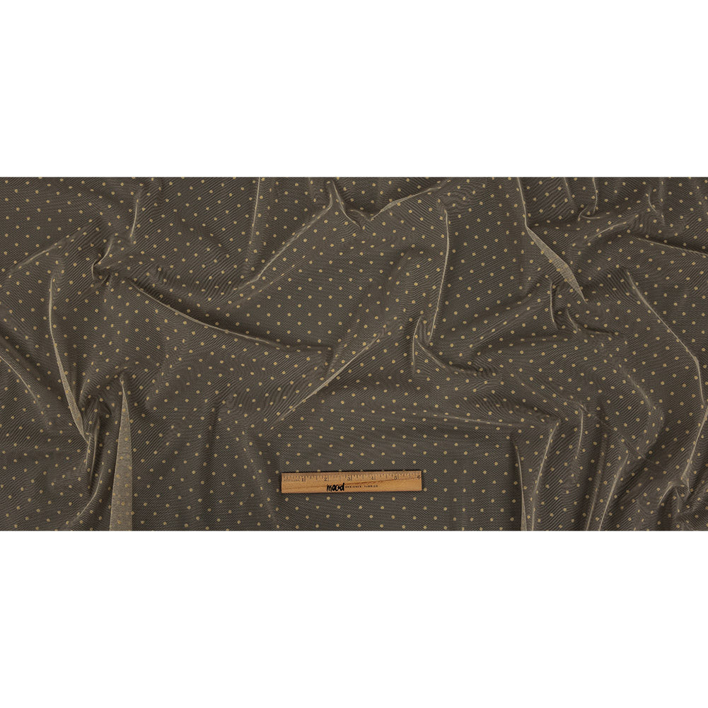 Famous Australian Designer Tea Polyester Mesh with Flocked Polka Dots