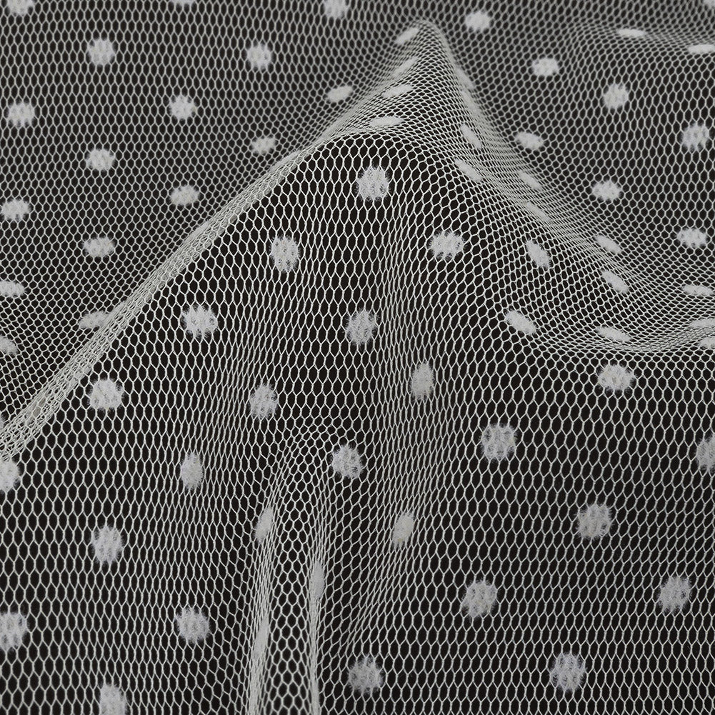 Famous Australian Designer Cream Polyester Mesh with Flocked Polka Dots