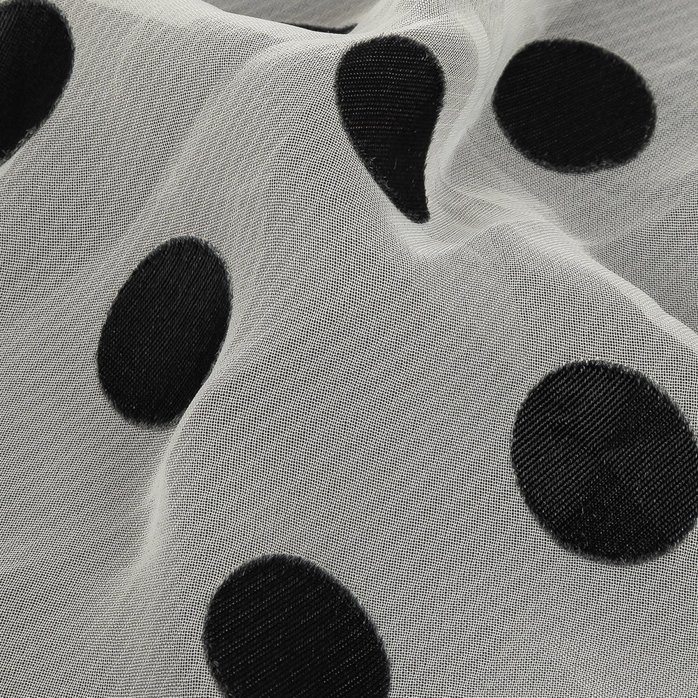 Famous Australian Designer Cloud Dancer White Polyester Chiffon with Large Black Woven Polka Dots