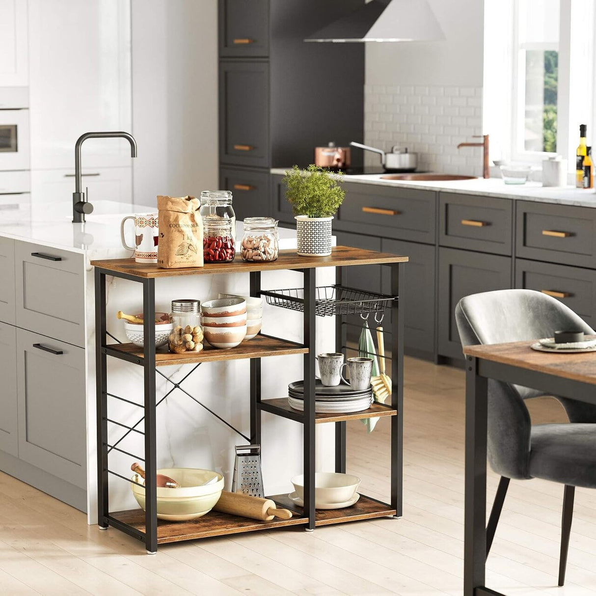 VASAGLE ALINRU Kitchen Baker’s Rack, Coffee Bar, Microwave Oven Stand, with Steel Frame, Wire Basket, 6 Hooks, 35.4", Rustic Brown