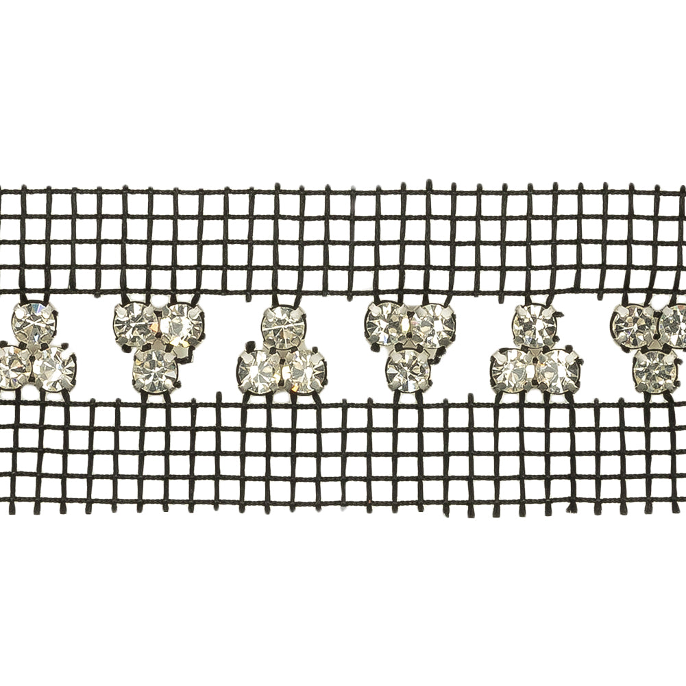 Vintage Crystal and Silver Rhinestone Trio Trimming on Black Mesh - 1.375"