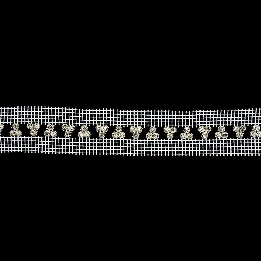 Vintage Crystal and Silver Rhinestone Trio Trimming on White Mesh - 1.375"